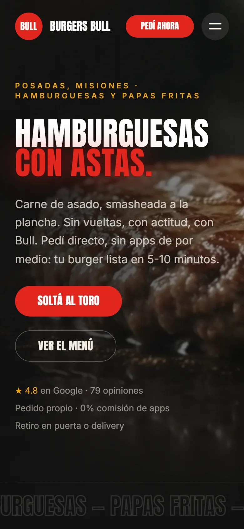 La web de Burgers Bull en un teléfono