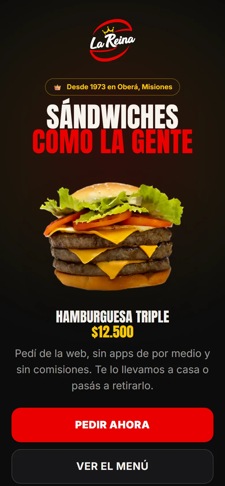 La web de La Reina Sandwiches, un cliente de ARX, abierta en un teléfono